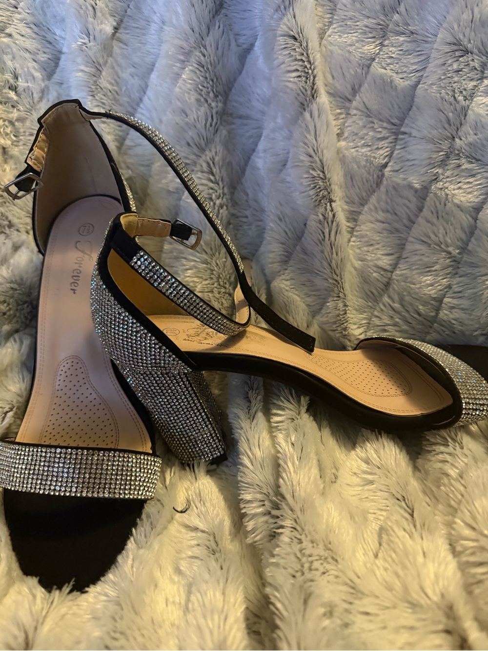 Sparkle Block Heel Sandals - Black with Silver Rhinestones